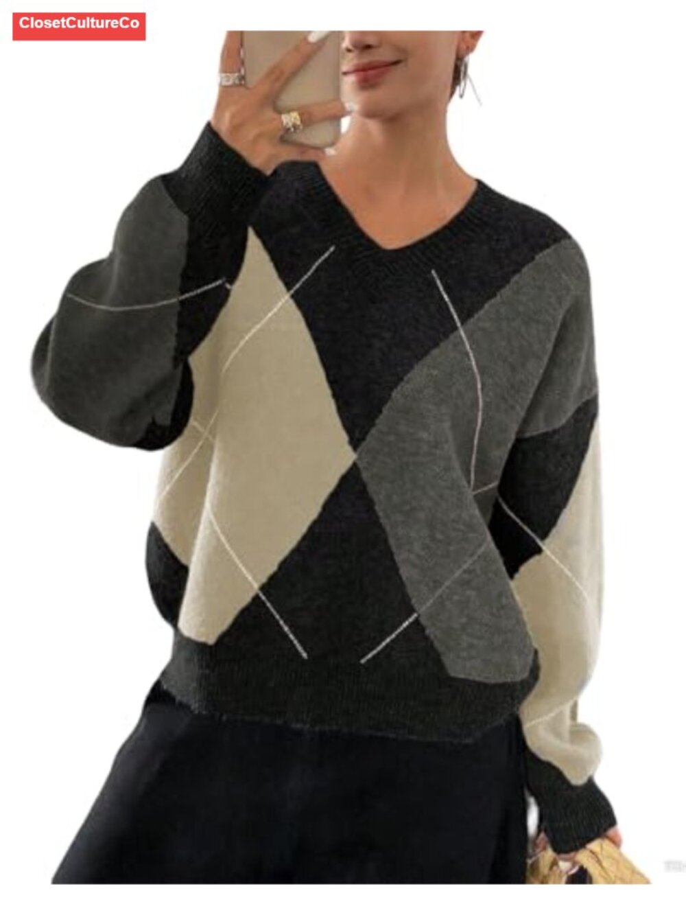 Women's V-Neck Argyle Chunky Knit Oversized Sweater Pullover